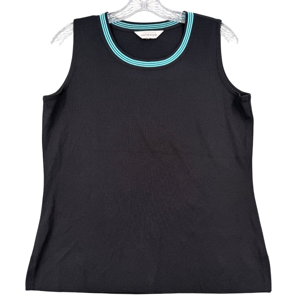 Misook Women M Black Knit Sleeveless Top Turquoise Striped Neckline Shell Blouse